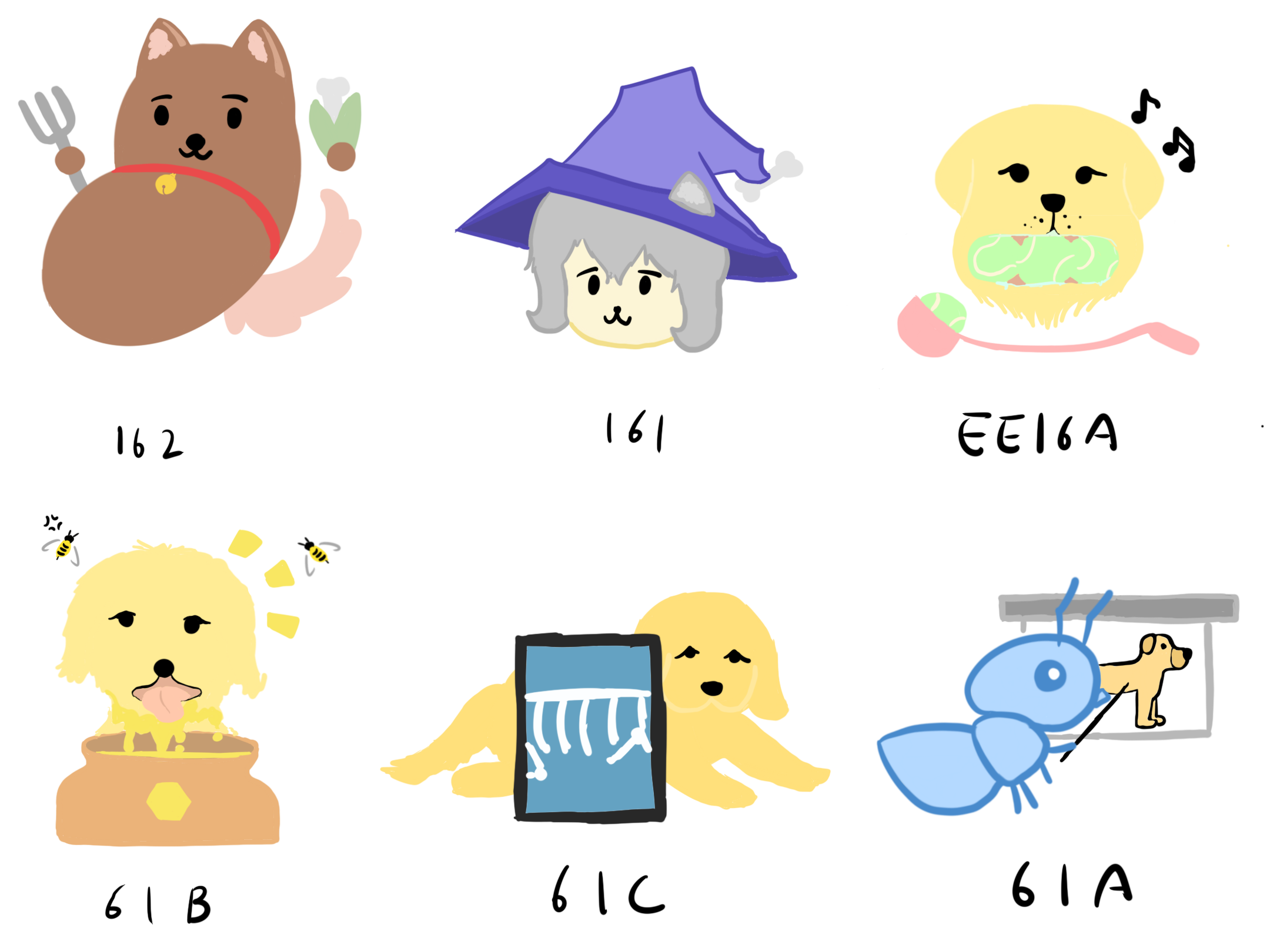 Various dog-themed course mascots